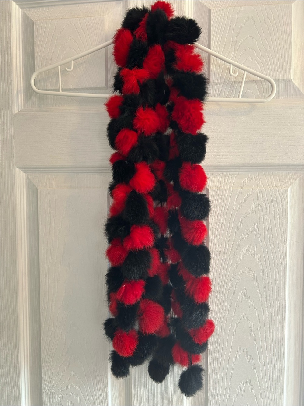 Red & Black Rabbit Fur Pom Pom Scarf